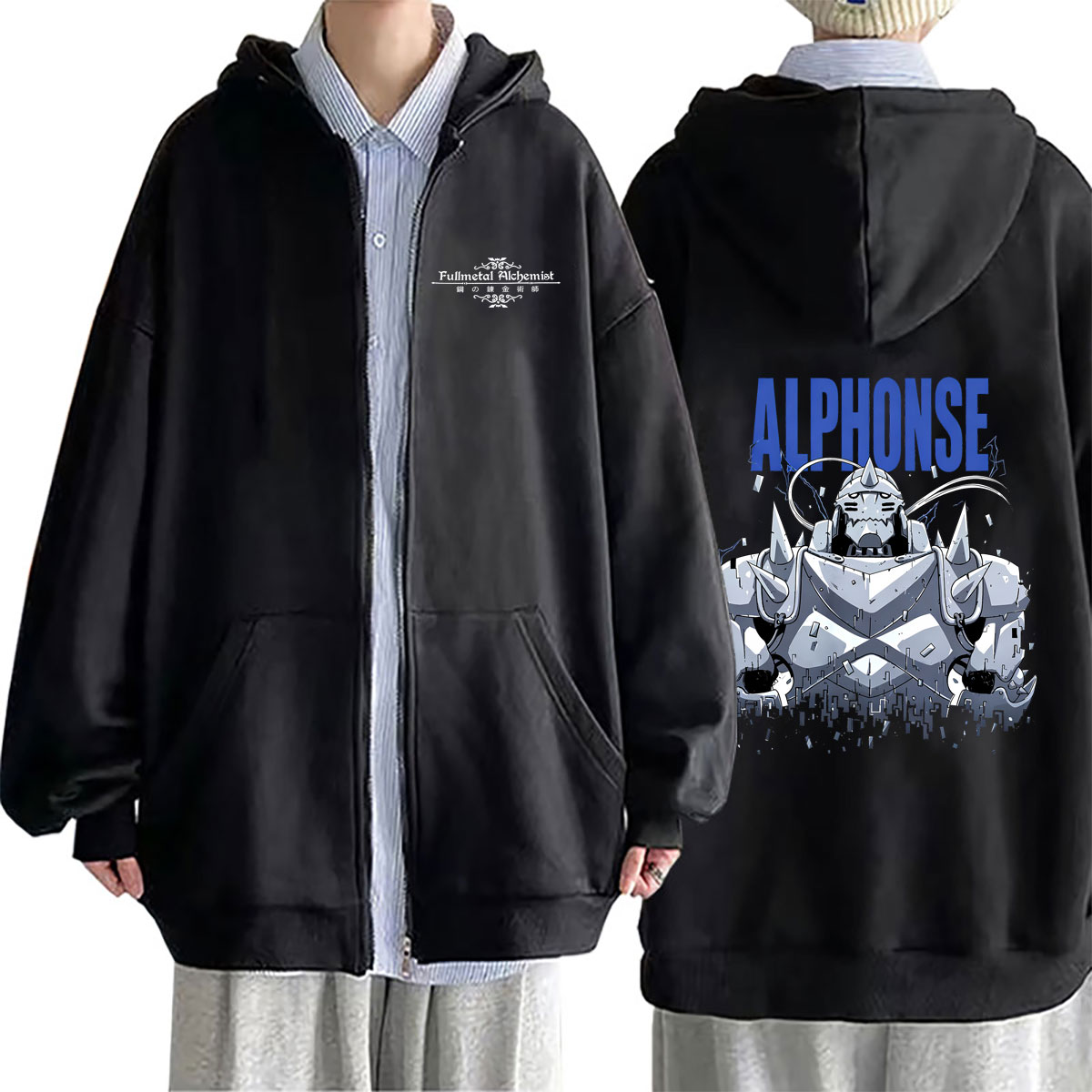 Fullmetal Alchemist Coat - Anime Fullmetal Alchemist Grafik-Reißverschluss-Hoodie Manga Alphonse