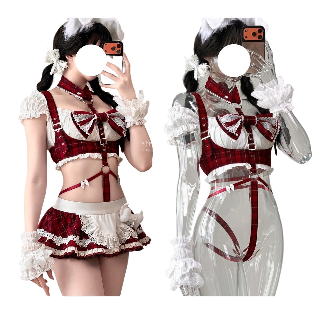 Cosplay Anime Bunny Girl - Kawaii Rotes Kariertes Dienstmädchen-Cosplay-Kostüm Süßes Hasenmädchen-Outfit
